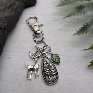 Deer and Forest Keychain with Green Leaf Accents / Bag Charm
